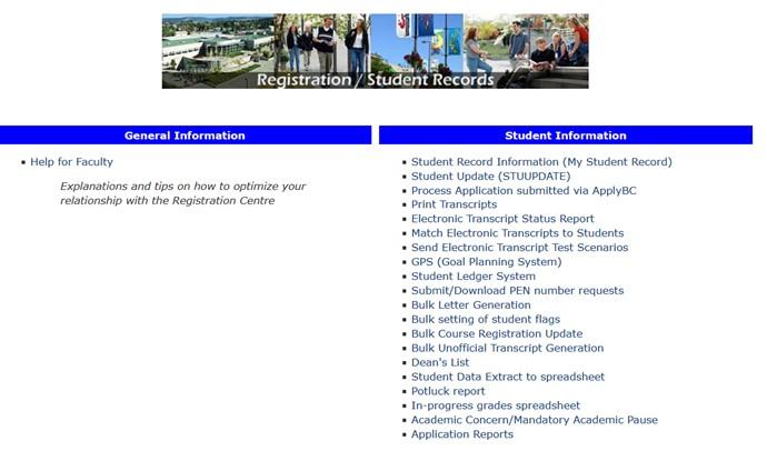 Registration Student Records Page Menu